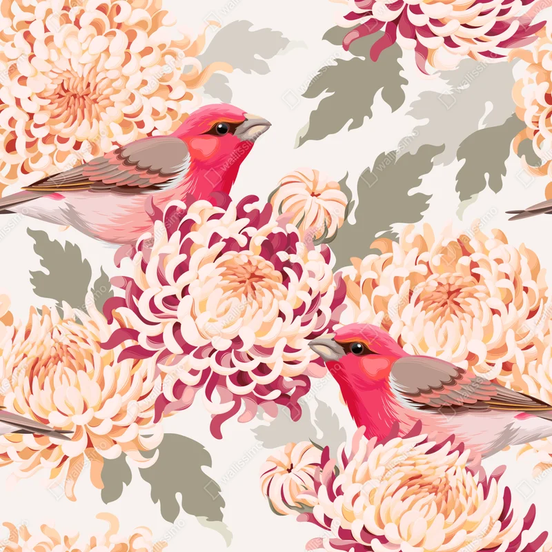 Repositionierbarer Aufkleber rosa vögel und chryzanthemenmuster Repositionierbarer Aufkleber rosa vögel und chryzanthemenmuster