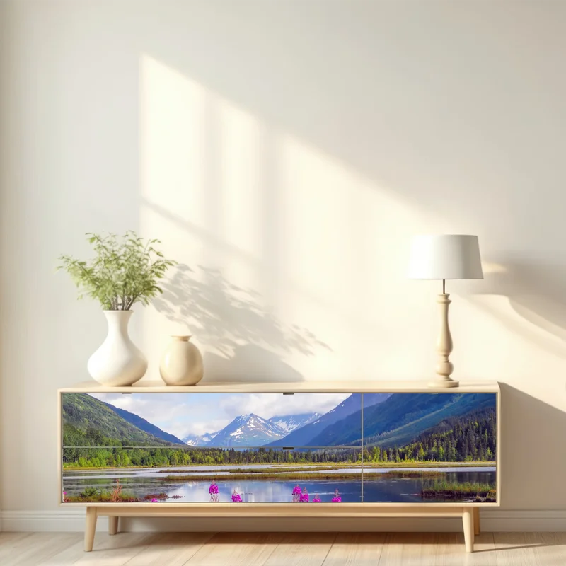 Repositionierbarer Aufkleber Tern Lake spiegelungen, berglandschaft aus Alaska