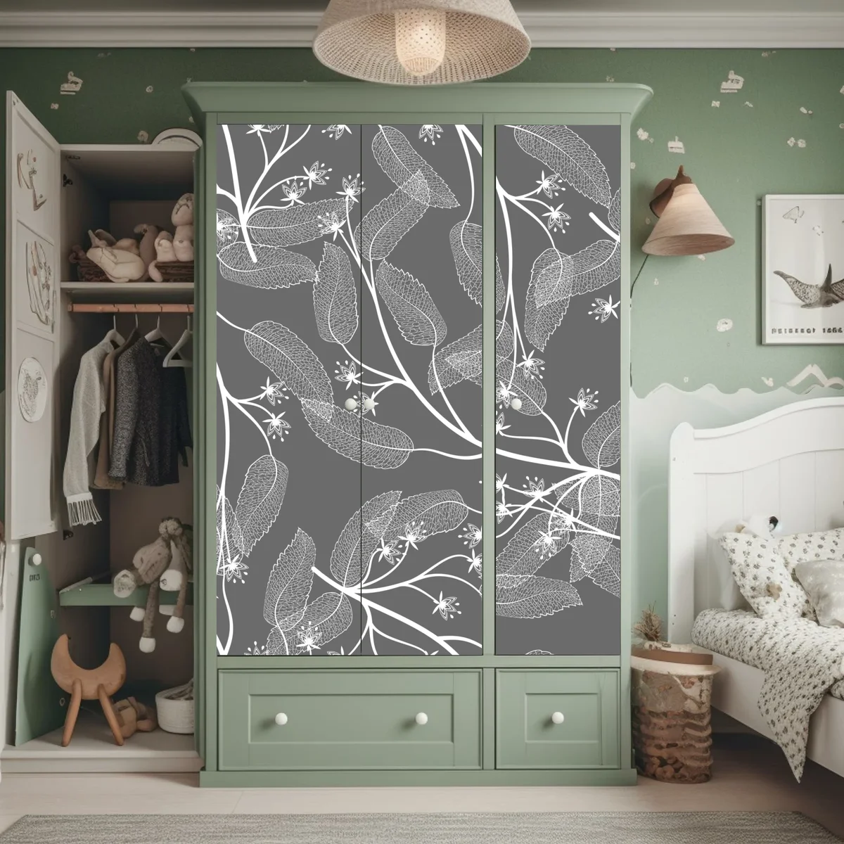 Schrankaufkleber zarte weiße blätter auf grauem hintergrund Schrankaufkleber zarte weiße blätter auf grauem hintergrund