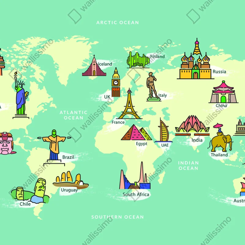 Fototapeta kolorowa ilustrowana mapa świata z zabytkami Fototapeta kolorowa ilustrowana mapa świata z zabytkami