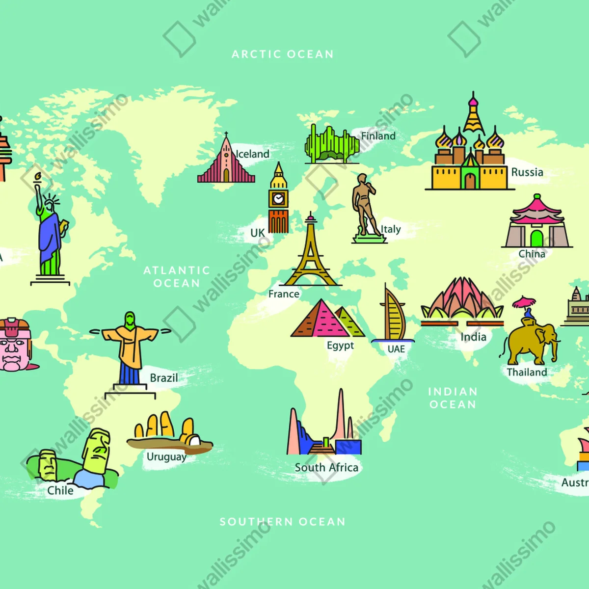 Fototapeta kolorowa ilustrowana mapa świata z zabytkami Fototapeta kolorowa ilustrowana mapa świata z zabytkami