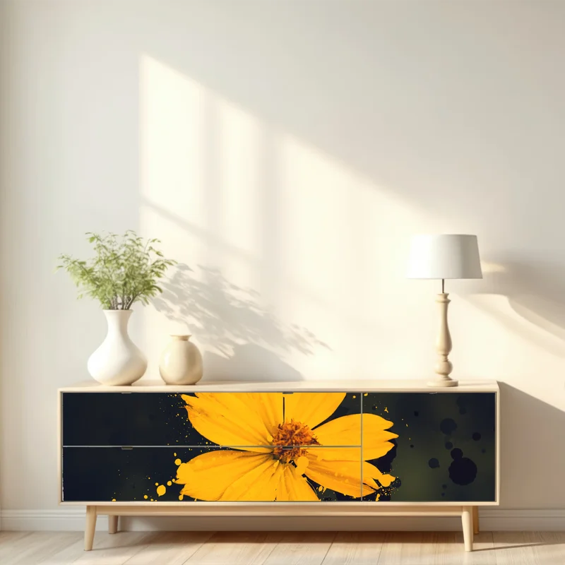 Repositionierbarer Aufkleber leuchtende gelbe blüte auf dunklem hintergrund