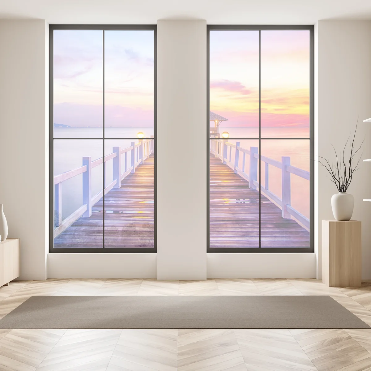 Fensteraufkleber sonnenuntergang am steg zum ruhigen horizont Fensteraufkleber sonnenuntergang am steg zum ruhigen horizont