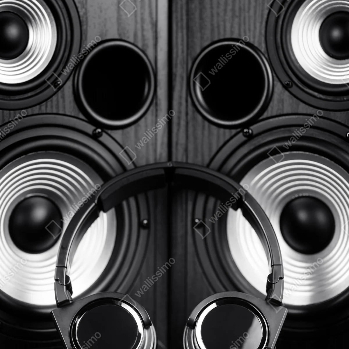 Fensteraufkleber monochromes audio-ensemble mit kopfhörern und lautsprechern Fensteraufkleber monochromes audio-ensemble mit kopfhörern und lautsprechern