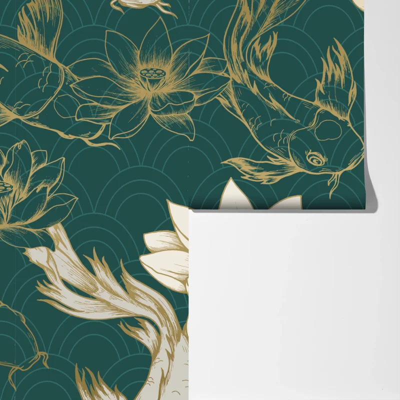 Fototapete orientalisches koi- und lotosmuster in türkis und gold Fototapete orientalisches koi- und lotosmuster in türkis und gold