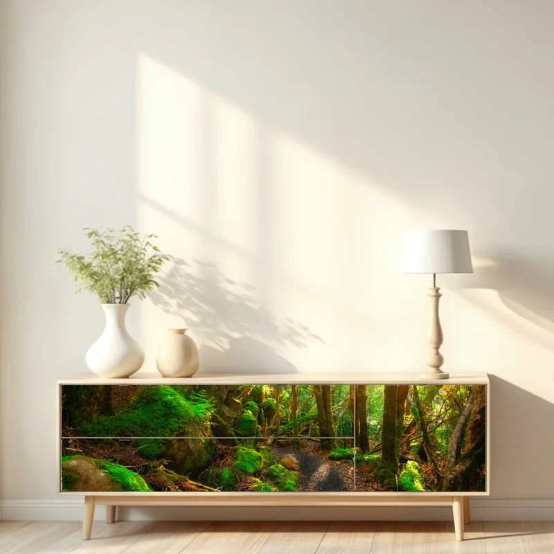 Repositionierbarer Aufkleber sonniger pfad im regenwald der Tasman-Halbinsel, Tasmanien