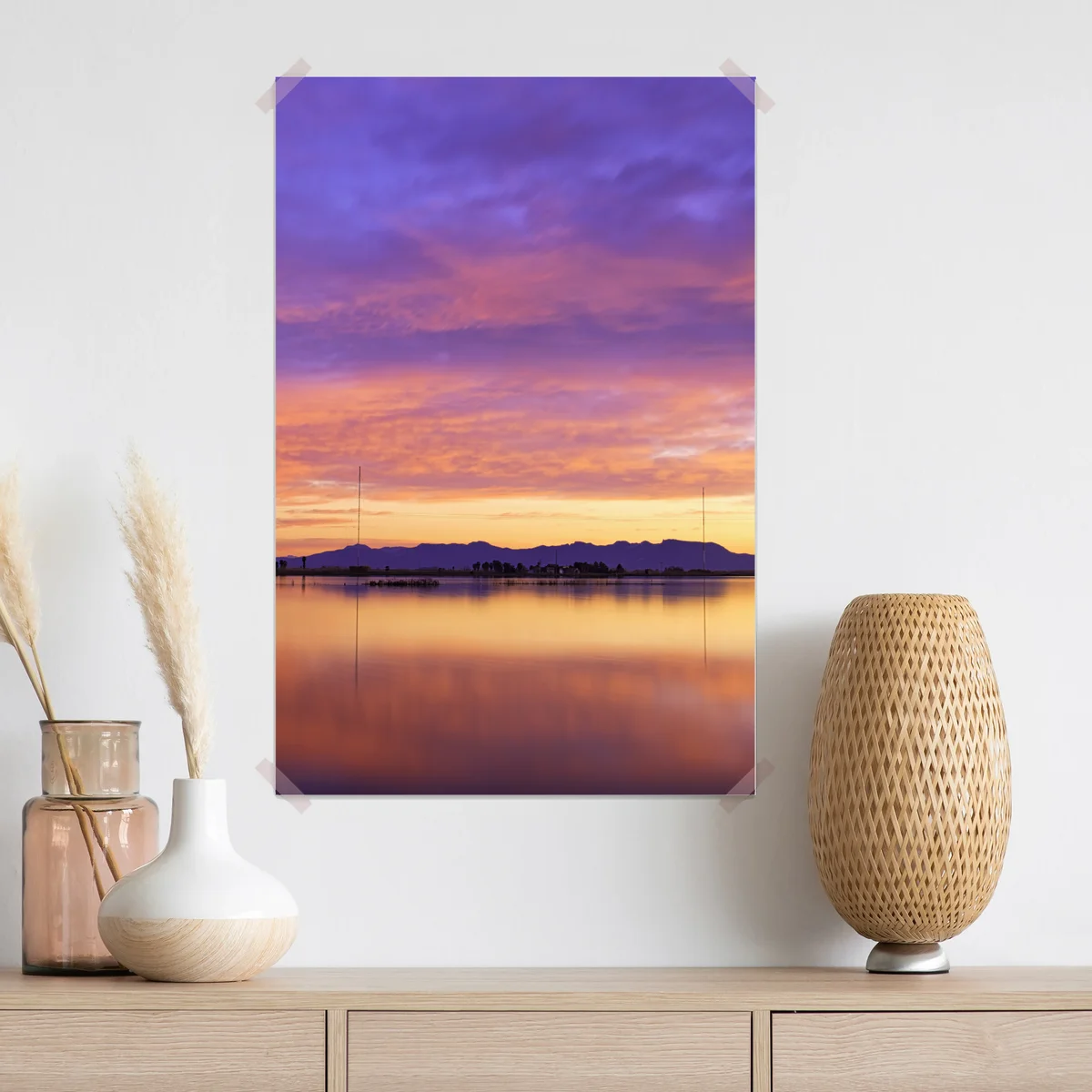 Poster ruhiger violetter sonnenuntergang über dem see • Poster bei Wallnifity® Poster ruhiger violetter sonnenuntergang über dem see • Poster bei Wallnifity®