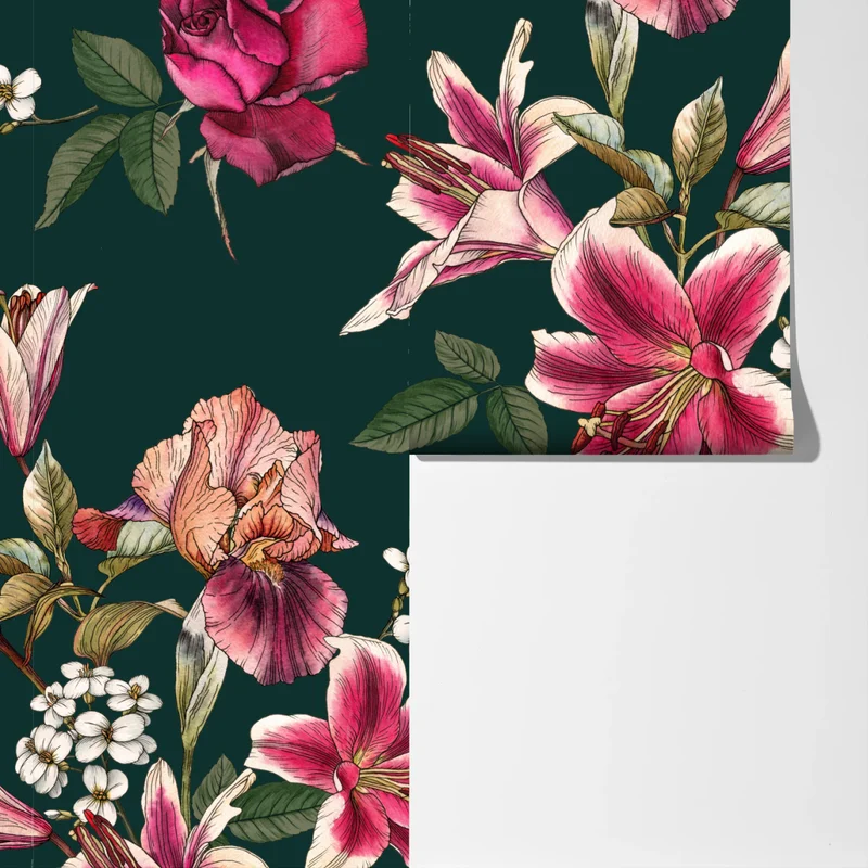 Fototapeta vintage botaniczny wzór kwiatowy na głębokiej zieleni Fototapeta vintage botaniczny wzór kwiatowy na głębokiej zieleni