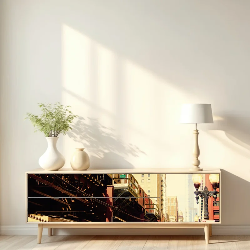 Repositionierbarer Aufkleber retro hochbahn über der stadtstraße