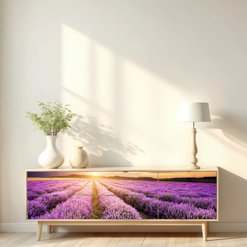 Repositionierbarer Aufkleber sonnenaufgang über lavendelfeldern Repositionierbarer Aufkleber sonnenaufgang über lavendelfeldern
