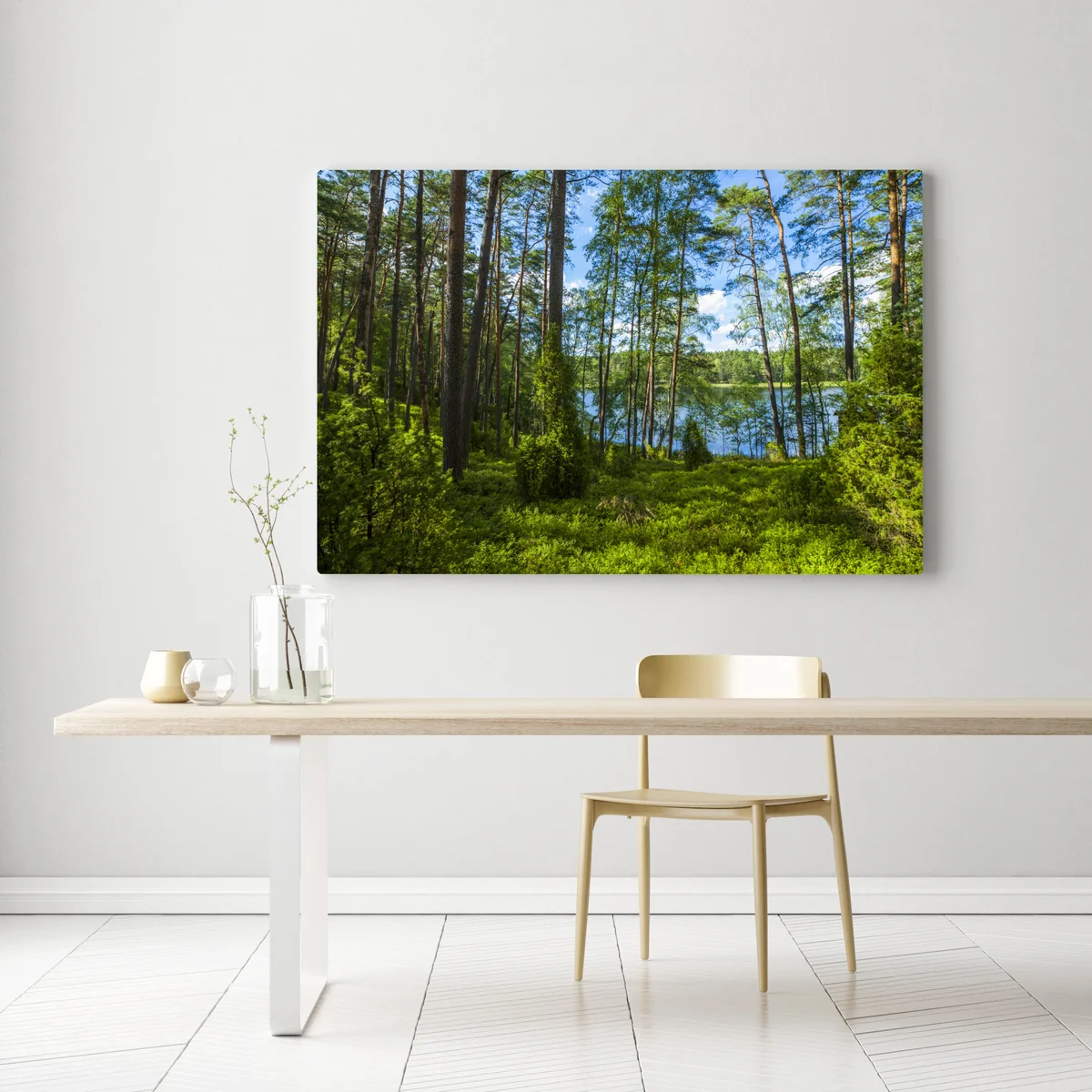 Leinwandbild ruhiger kiefernwald am see Leinwandbild ruhiger kiefernwald am see