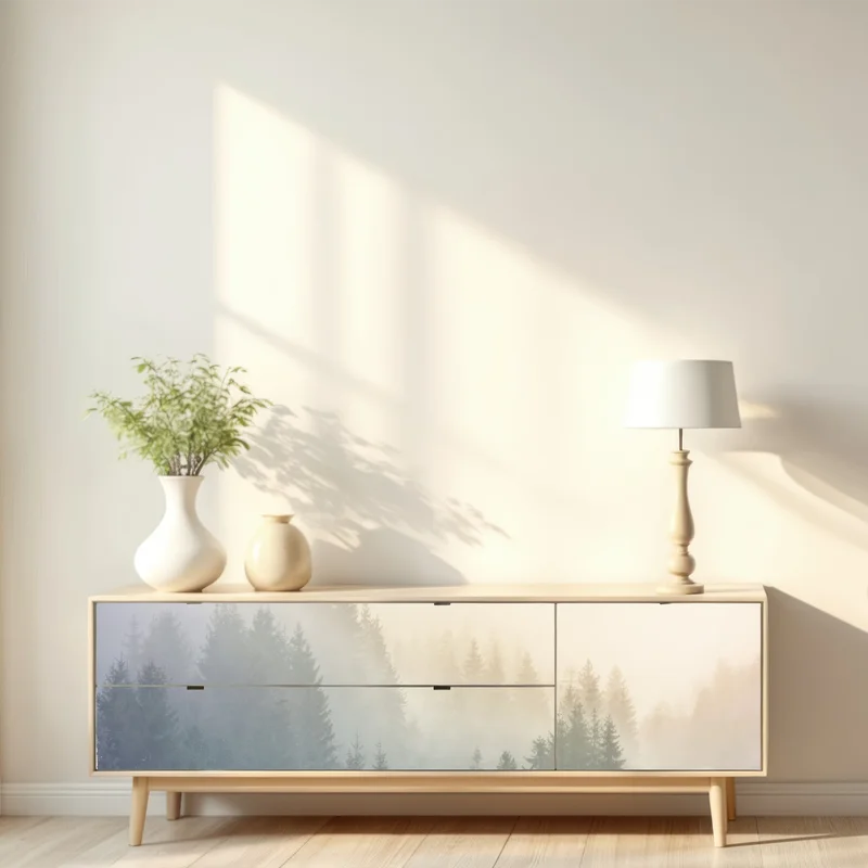 Repositionierbarer Aufkleber nebliger fichtenwald bei sonnenaufgang Repositionierbarer Aufkleber nebliger fichtenwald bei sonnenaufgang