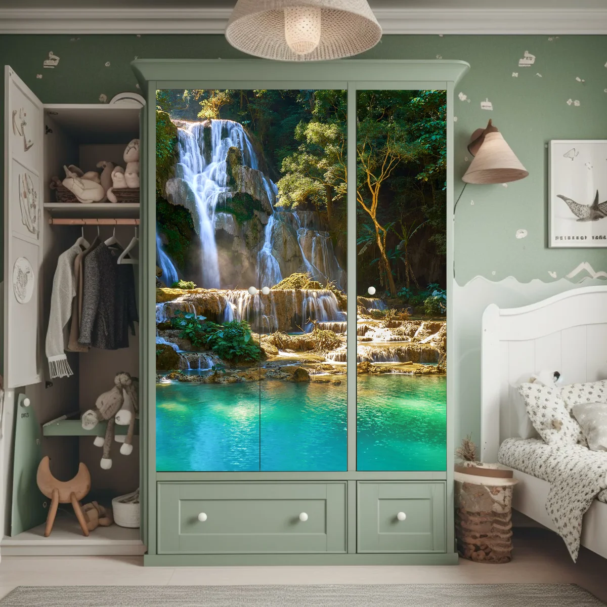 Schrankaufkleber türkisfarbener wasserfall im üppigen wald Schrankaufkleber türkisfarbener wasserfall im üppigen wald