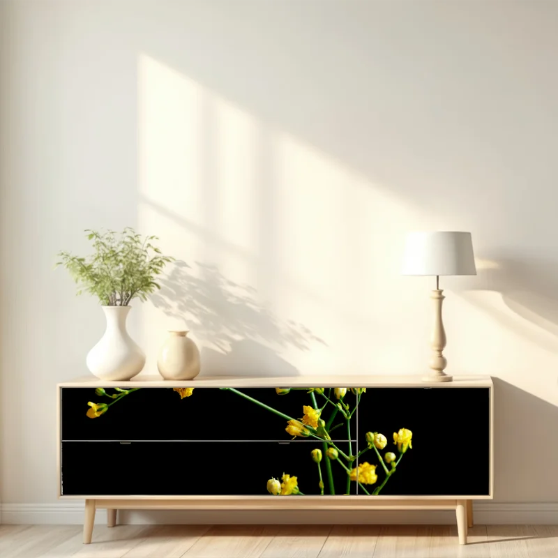 Repositionierbarer Aufkleber zartes gelbes schleierkraut auf schwarzem hintergrund Repositionierbarer Aufkleber zartes gelbes schleierkraut auf schwarzem hintergrund