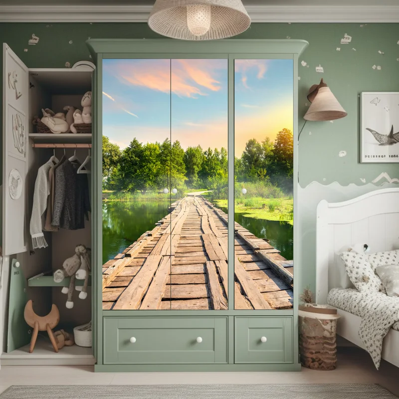 Schrankaufkleber sonnige hölzerne brücke über ruhigen see