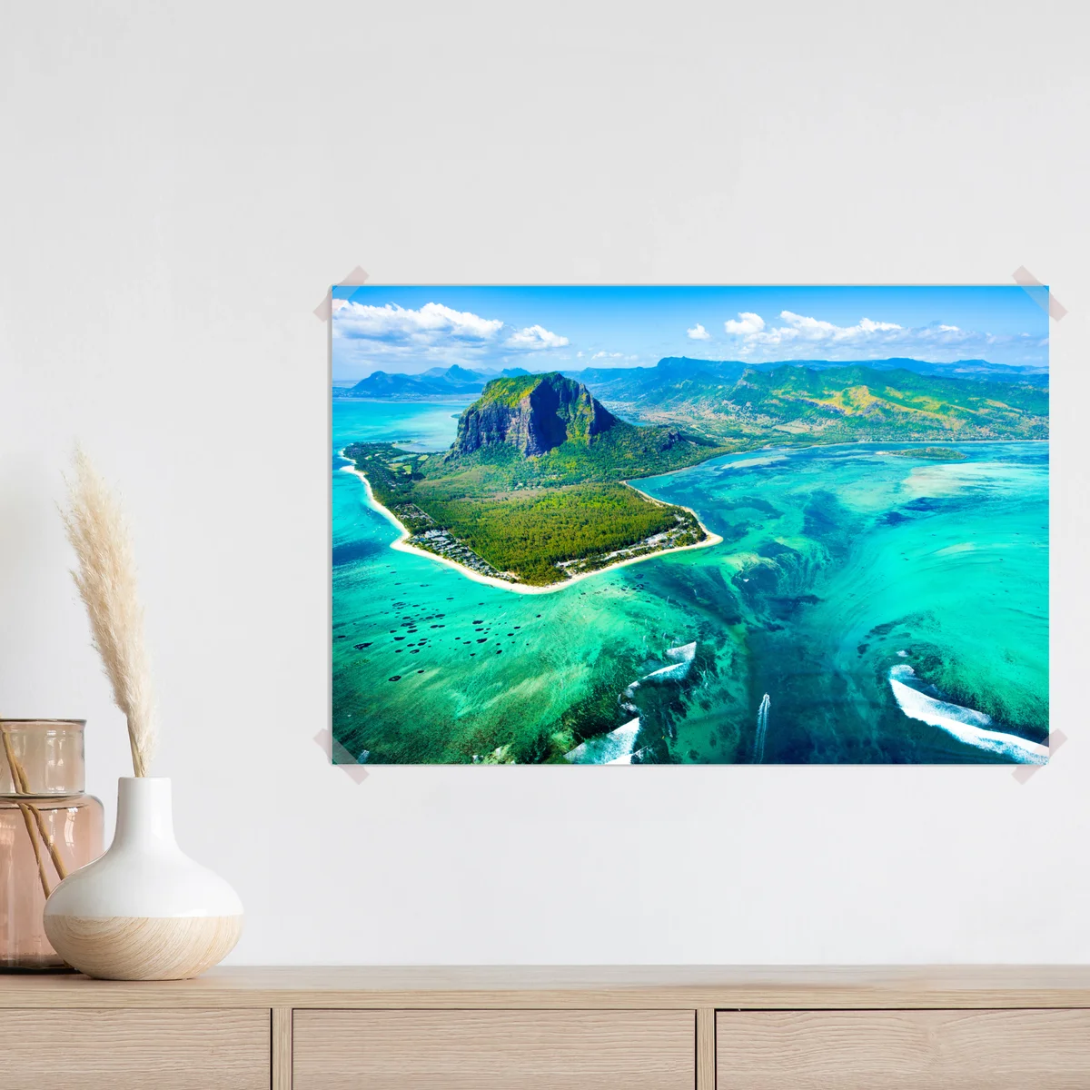 Poster türkisfarbene lagune aus der luft, Mauritius Poster türkisfarbene lagune aus der luft, Mauritius