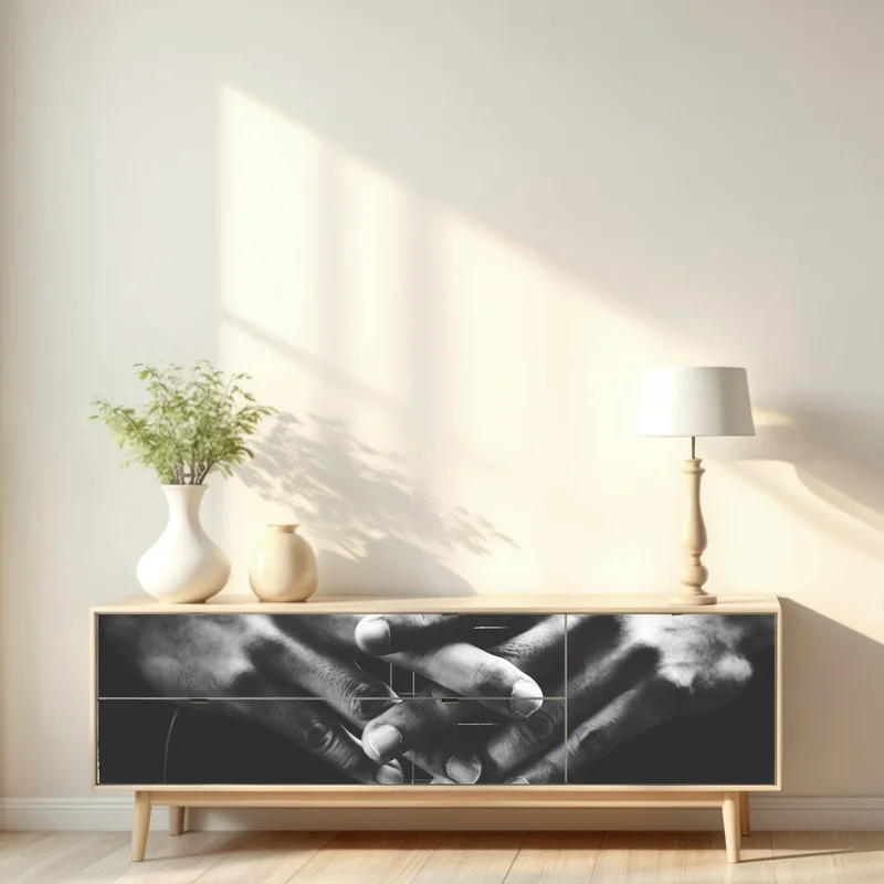 Repositionierbarer Aufkleber verschränkte hände auf gitarrensaiten