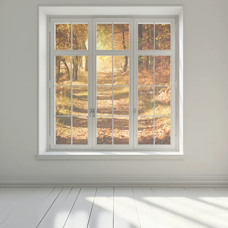 Fensteraufkleber herbstlicher waldweg mit goldenem licht