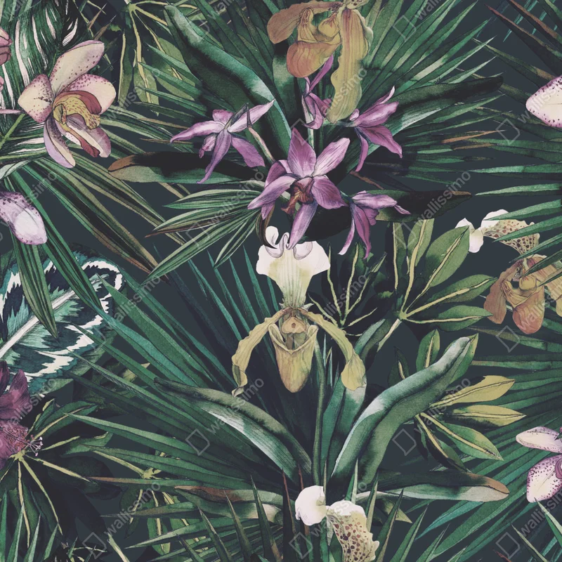 Fototapete tropische orchideen in aquarell und palmblättern Fototapete tropische orchideen in aquarell und palmblättern