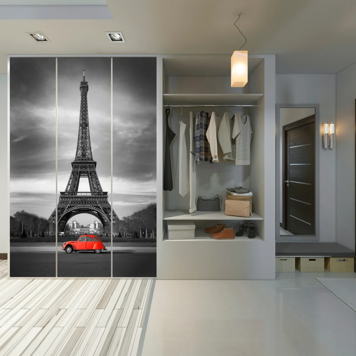 Schrankaufkleber Eiffelturm mit rotem vintage-auto Schrankaufkleber Eiffelturm mit rotem vintage-auto