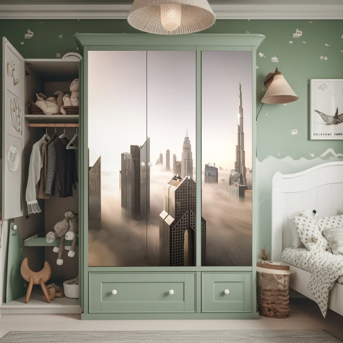 Schrankaufkleber neblige Dubai skyline über den wolken Schrankaufkleber neblige Dubai skyline über den wolken