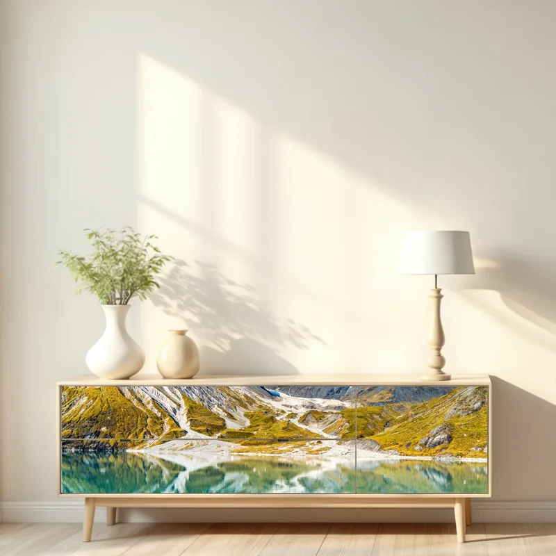 Repositionierbarer Aufkleber ruhiger alpensee mit schneebedeckten gipfeln