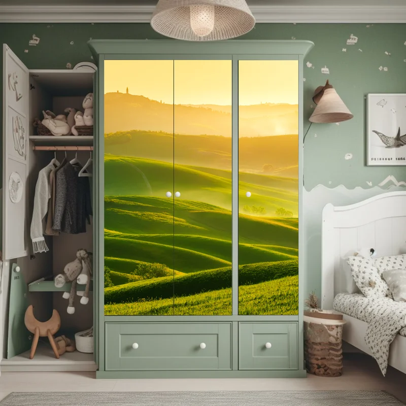 Schrankaufkleber goldener sonnenaufgang über sanften grünen hügeln