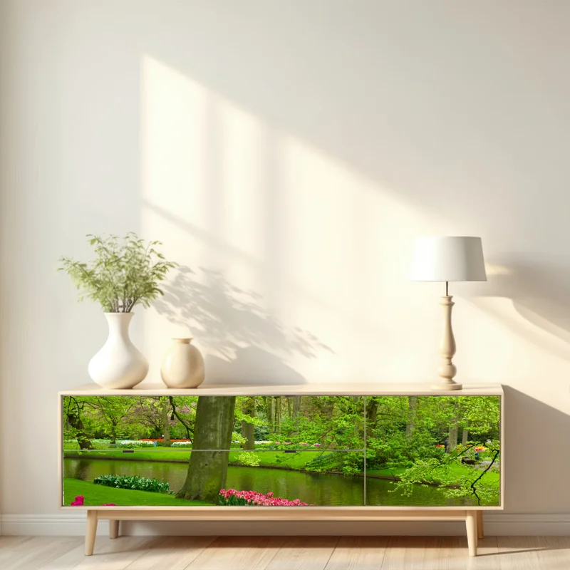 Repositionierbarer Aufkleber frühlings-tulpengarten am kanal