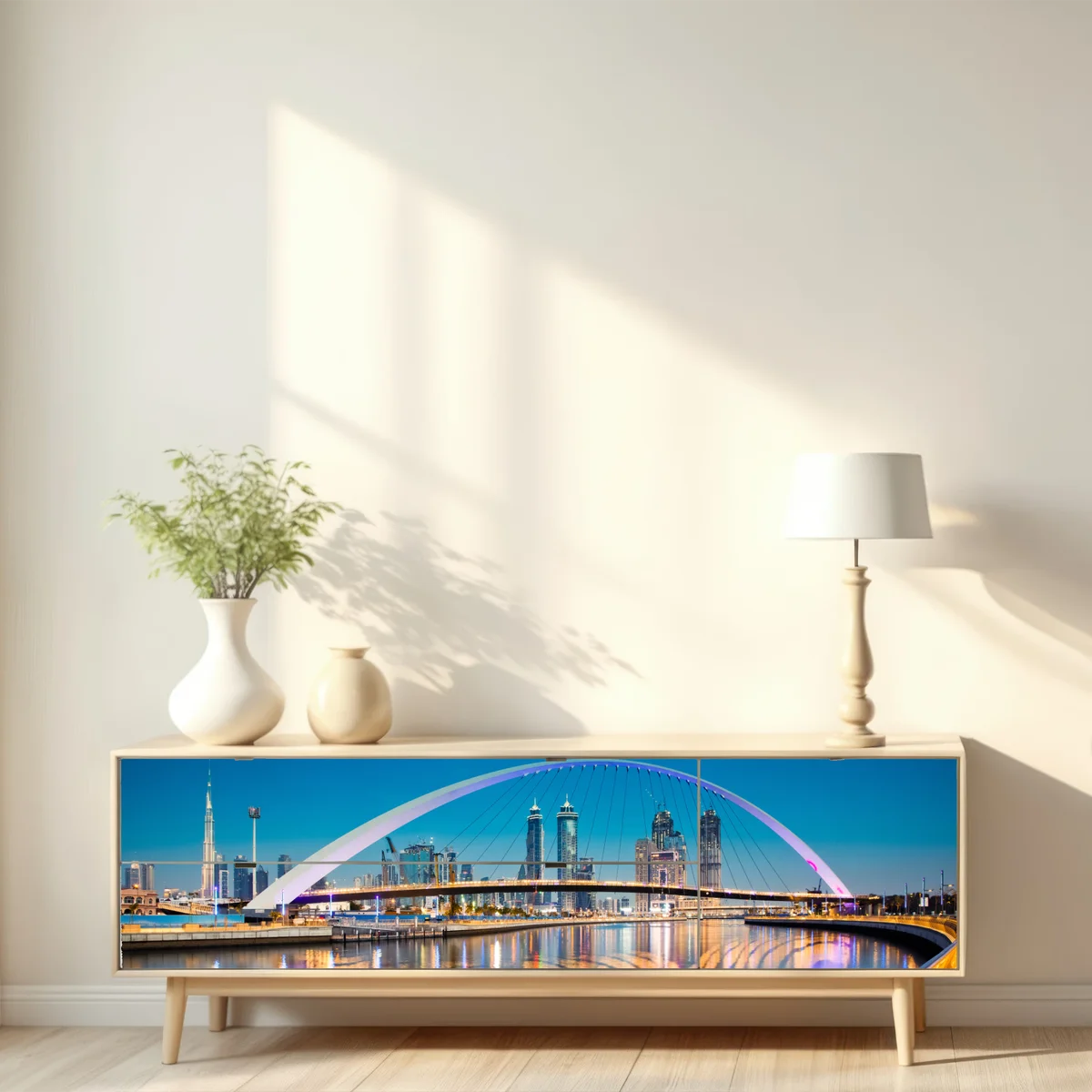 Repositionierbarer Aufkleber Dubai skyline bei nacht mit beleuchteter brücke Repositionierbarer Aufkleber Dubai skyline bei nacht mit beleuchteter brücke