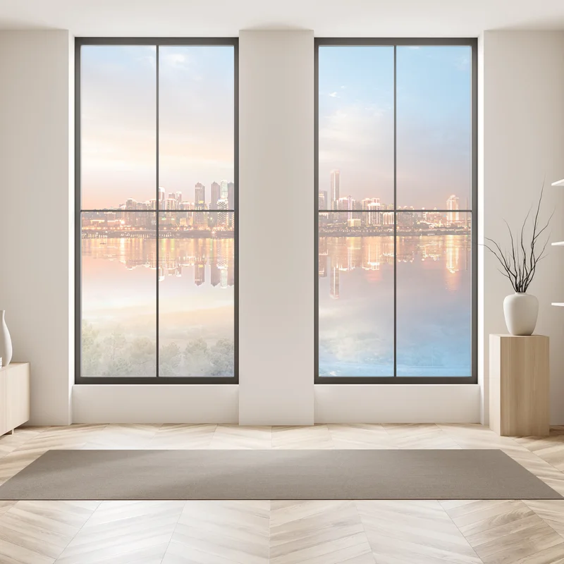 Fensteraufkleber stadtsilhouette im spiegelbild bei dämmerung