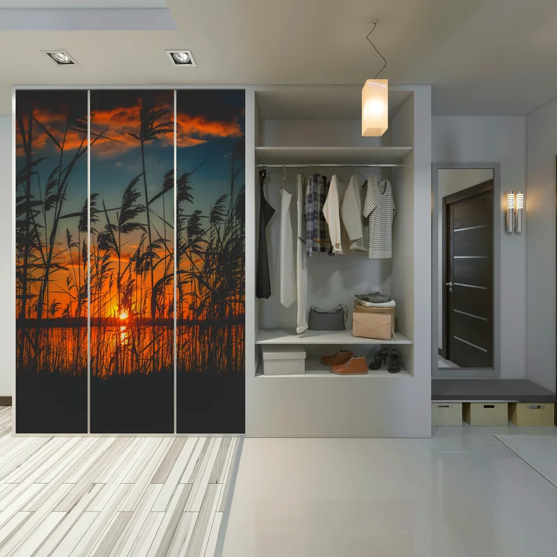 Schrankaufkleber sonnenuntergang am see mit schilf-silhouette Schrankaufkleber sonnenuntergang am see mit schilf-silhouette