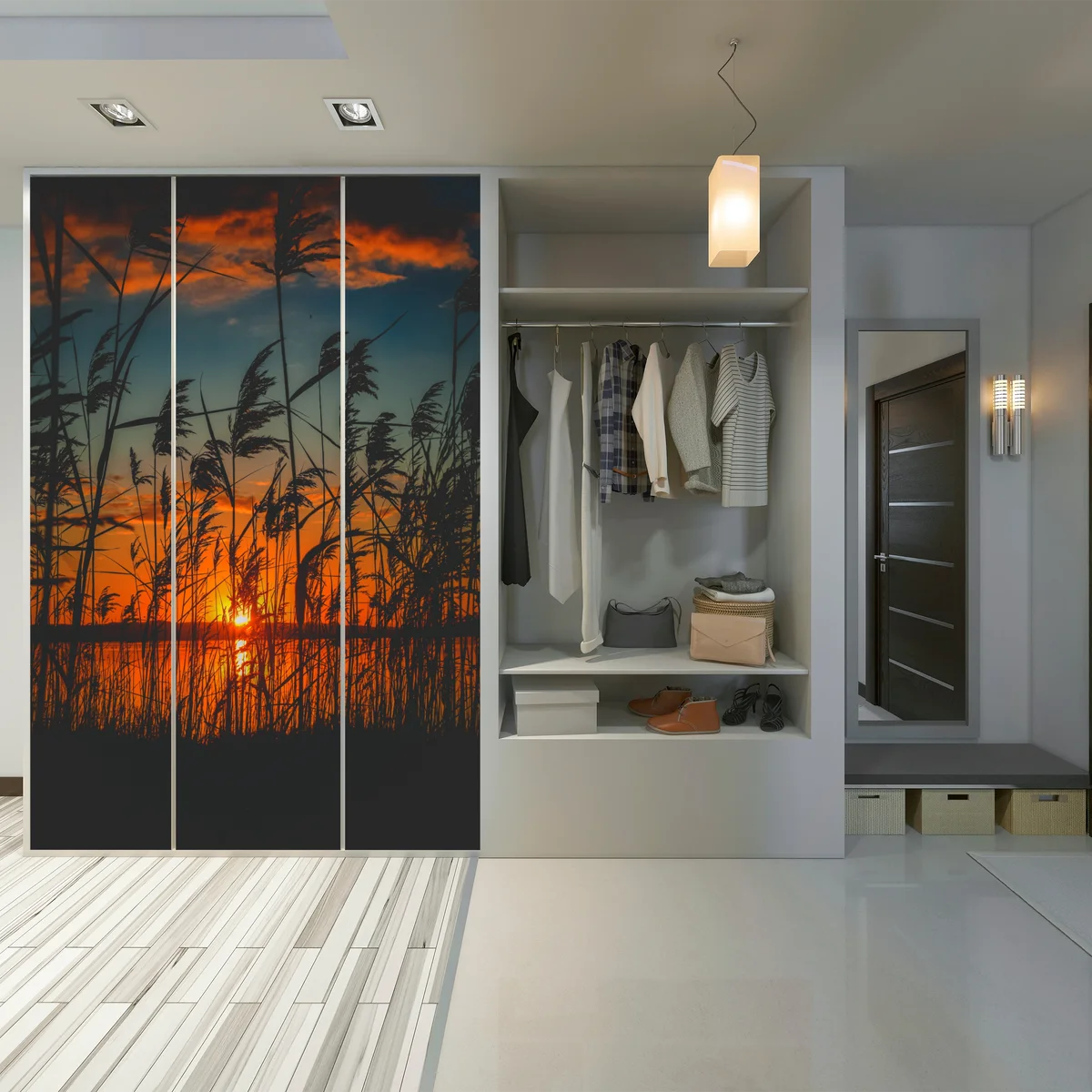 Schrankaufkleber sonnenuntergang am see mit schilf-silhouette Schrankaufkleber sonnenuntergang am see mit schilf-silhouette