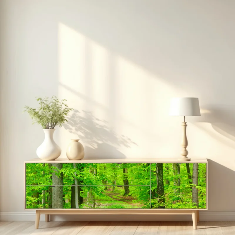 Repositionierbarer Aufkleber ruhiger waldweg im frühling Repositionierbarer Aufkleber ruhiger waldweg im frühling