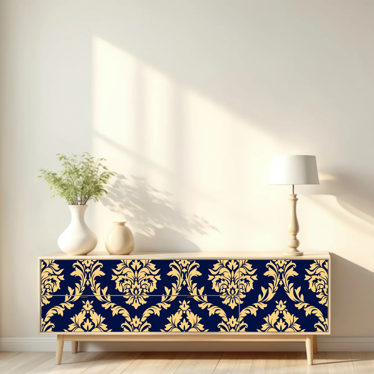 Repositionierbarer Aufkleber elegantes goldenes damastmuster auf tiefblauem hintergrund Repositionierbarer Aufkleber elegantes goldenes damastmuster auf tiefblauem hintergrund