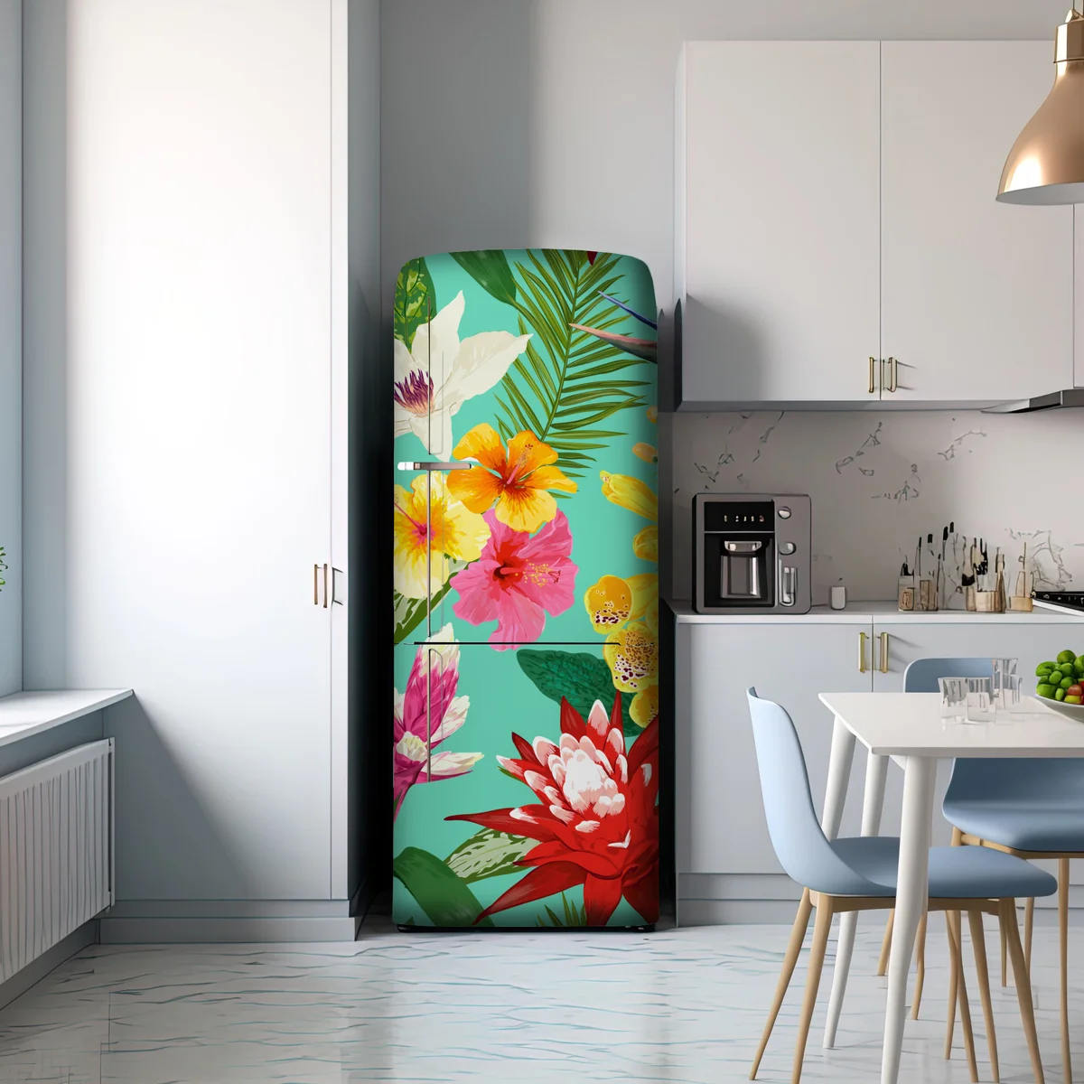 Kühlschrankaufkleber tropisches aquarell-blumenmuster mit hibiskus, tigerlilie und paradiesvogelblume Kühlschrankaufkleber tropisches aquarell-blumenmuster mit hibiskus, tigerlilie und paradiesvogelblume