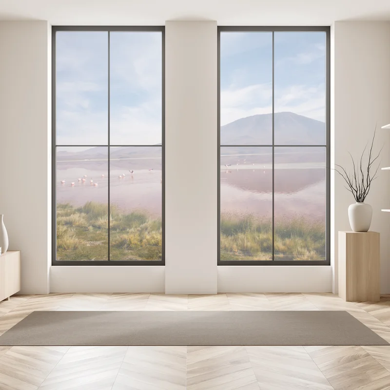 Fensteraufkleber rosa lagune mit flamingos und bergspiegelung