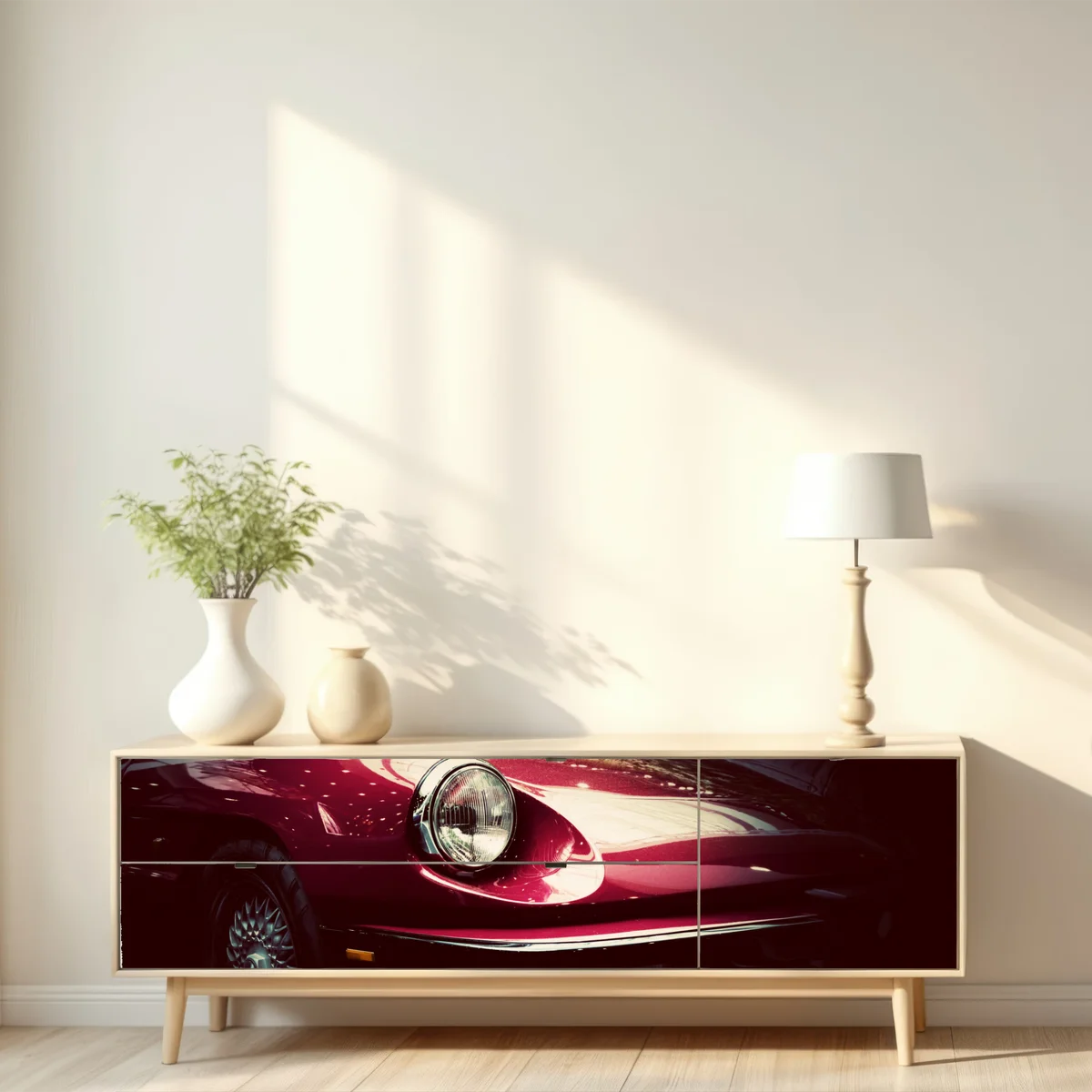 Repositionierbarer Aufkleber nahaufnahme eines klassischen roten sportwagens Repositionierbarer Aufkleber nahaufnahme eines klassischen roten sportwagens