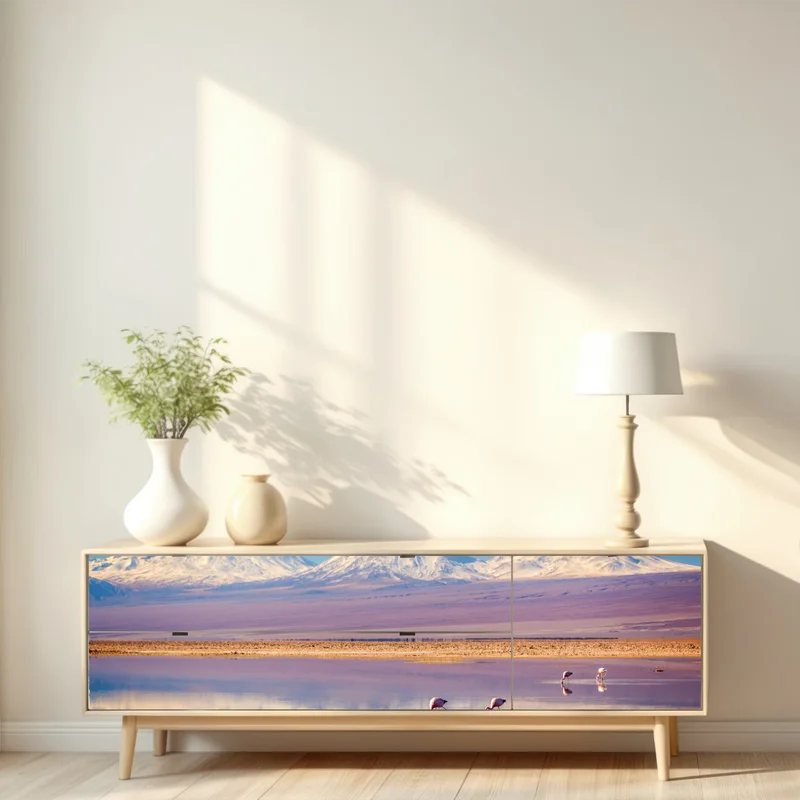 Repositionierbarer Aufkleber Laguna Chaxa mit flamingos und Licancabur