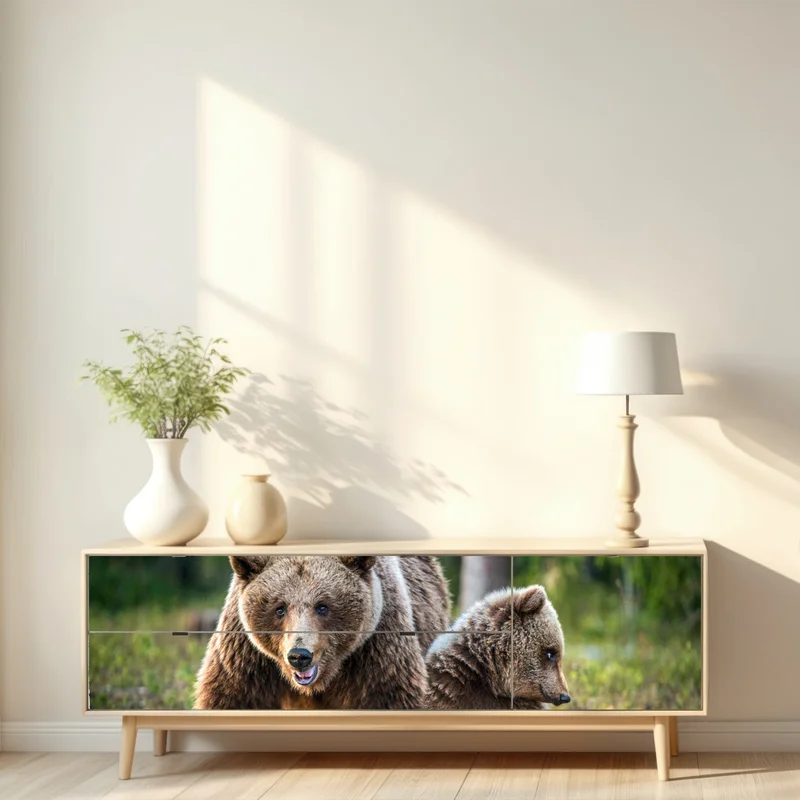 Repositionierbarer Aufkleber braunbär mit jungem im wald Repositionierbarer Aufkleber braunbär mit jungem im wald