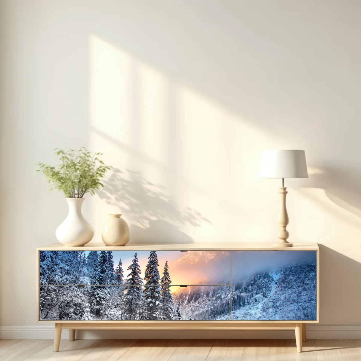 Repositionierbarer Aufkleber wintermorgen über dem verschneiten bergsee Repositionierbarer Aufkleber wintermorgen über dem verschneiten bergsee