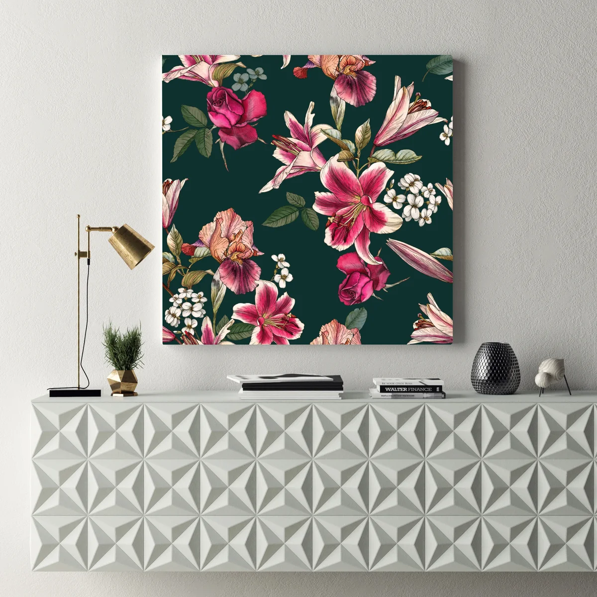 Leinwandbild vintage botanisches floralmuster auf tiefgrün Leinwandbild vintage botanisches floralmuster auf tiefgrün