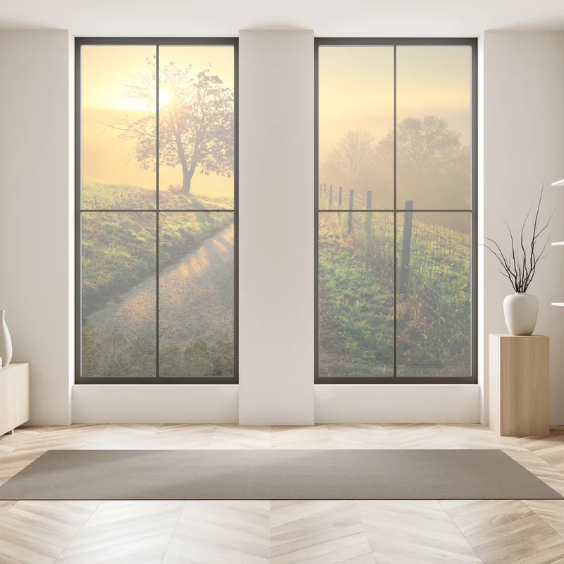 Fensteraufkleber sonnenbeschienener landweg durch die morgenwiese