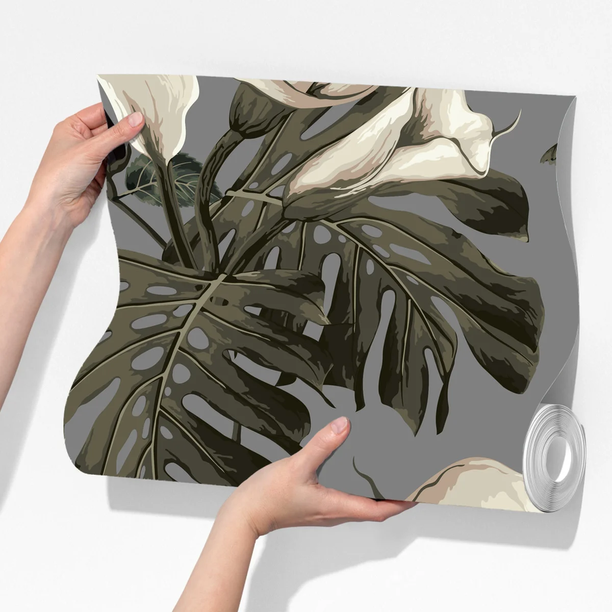 Fototapeta botaniczny wzór: delikatne kalie i liście monstery na szarym tle Fototapeta botaniczny wzór: delikatne kalie i liście monstery na szarym tle