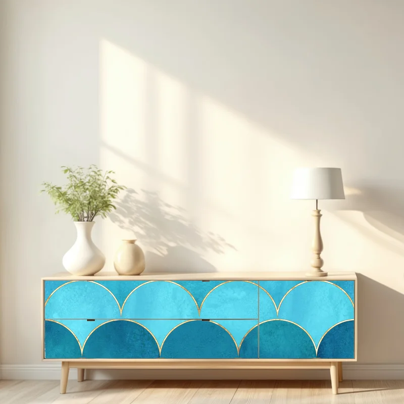 Repositionierbarer Aufkleber türkis schuppenmuster mit goldakzenten