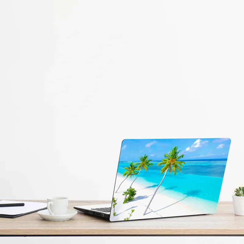 Laptop-Aufkleber tropischer türkisfarbener strand mit palmen