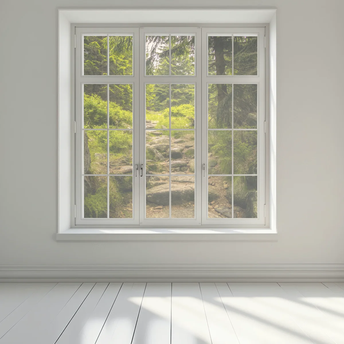 Fensteraufkleber ruhiger waldweg durch nadelwald Fensteraufkleber ruhiger waldweg durch nadelwald