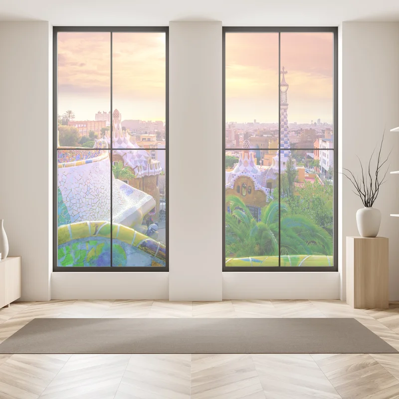 Fensteraufkleber sonnenuntergang über Park Güell in Barcelona