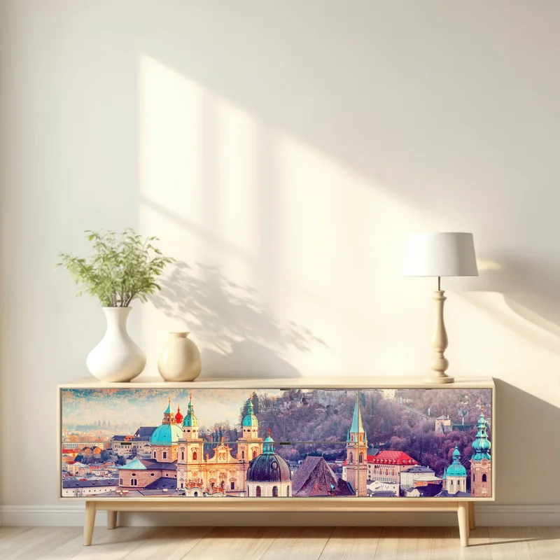 Repositionierbarer Aufkleber sonnenuntergang über Salzburgs skyline