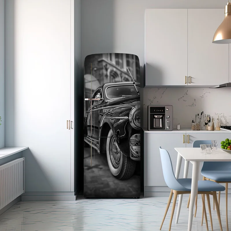 Kühlschrankaufkleber vintage klassisches auto auf kopfsteinpflaster Kühlschrankaufkleber vintage klassisches auto auf kopfsteinpflaster