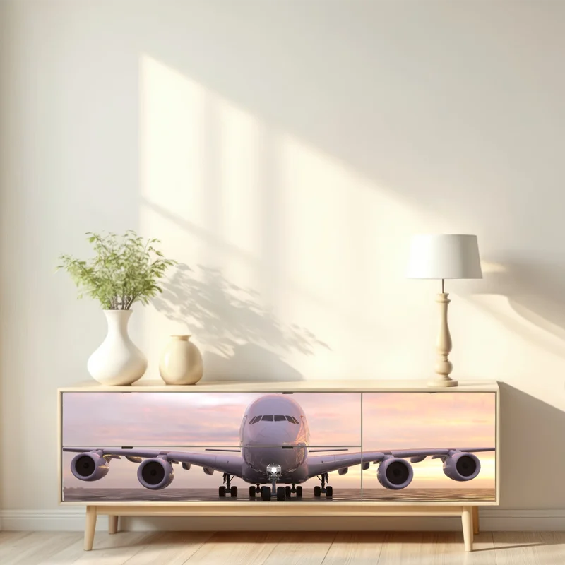 Repositionierbarer Aufkleber jet auf der startbahn bei sonnenuntergang